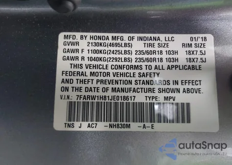 2018 Honda Cr-V Ex-L/Ex-L Navi z USA, uszkodzony, nr VIN 7FARW1H81JE018617